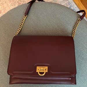 Salvatore Ferragamo Trifolio Medium Crossbody Flap Bag Burgundy red gold Leather